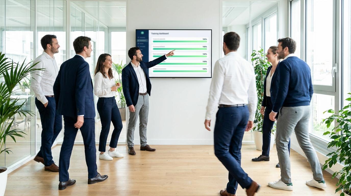 Équipe réunie autour d'un écran de suivi de formation