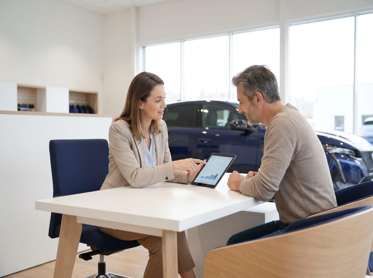 Conseillère commerciale qui explique une offre de financement sur tablette à un client, en concession automobile