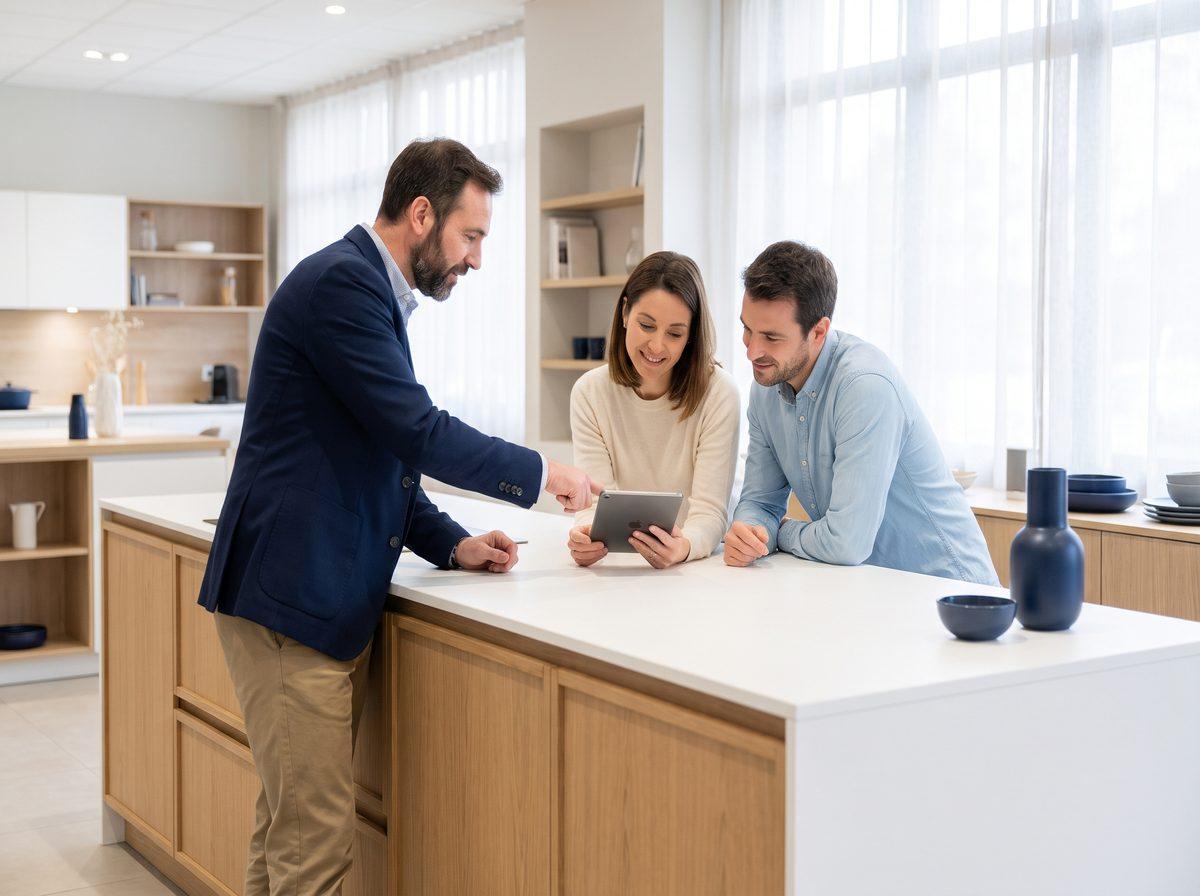 Concepteur de cuisine qui présente un financement sur tablette à un couple, devant l'îlot du showroom