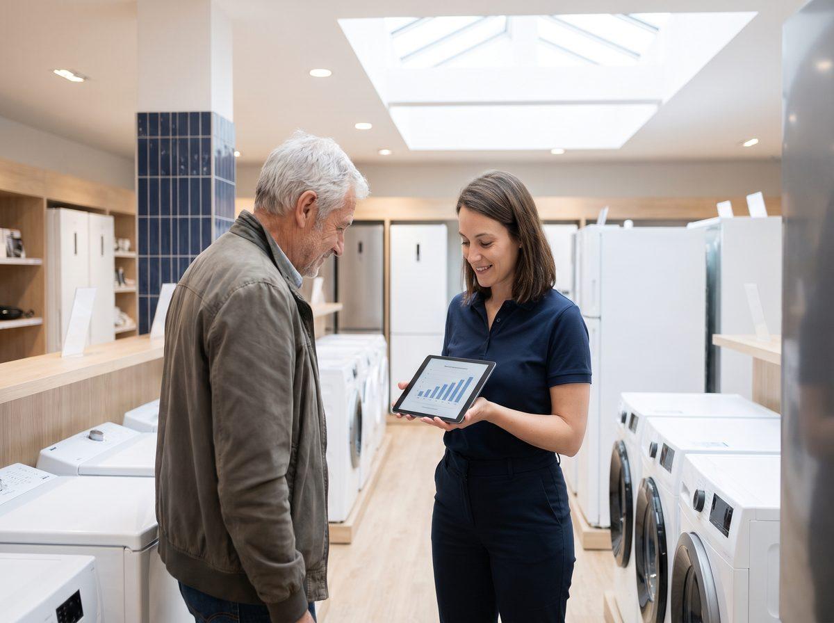 Vendeuse en rayon électroménager qui montre une offre de crédit sur tablette à un client