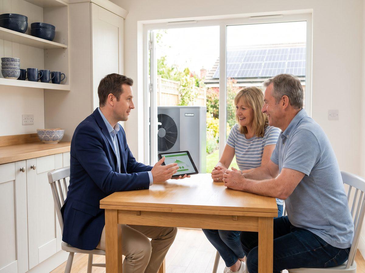 Conseiller en rénovation énergétique qui présente un crédit affecté sur tablette à un couple, chez eux