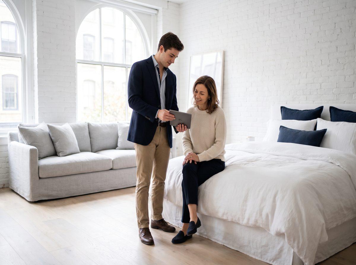Vendeur de literie qui présente un paiement en plusieurs fois sur tablette à une cliente assise sur un lit
